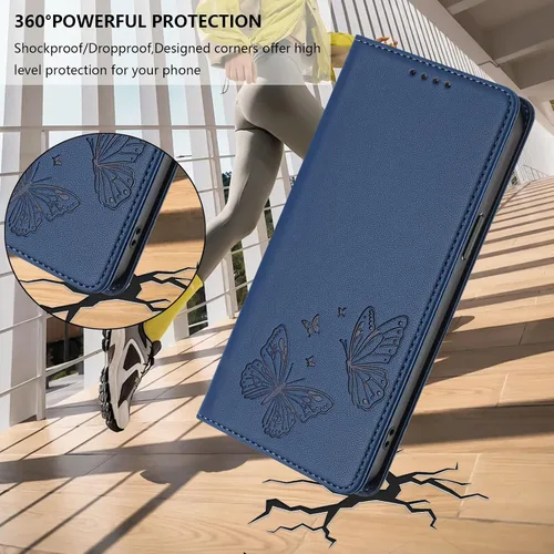 Vista 8 de Butterfly Embossed Leather Wallet Flip Case for Motorola Moto E22i 4G, Magnetic Closure, RFID Blocking Cover, Card Holder Blue.
