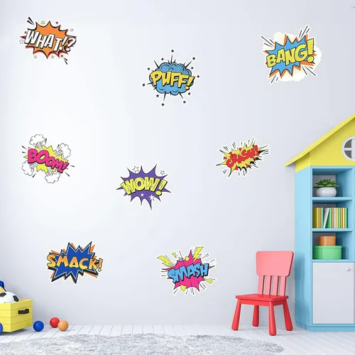 Vista 8 de Calcomanías de pared de superhéroes, calcomanías de efectos de sonido de cómics, calcomanías de superhéroe, Boom Pow, calcomanías de vinilo
