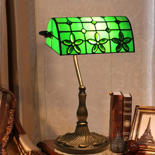 Vista 11 de Green Bankers - Lámpara de mesa vintage, luz de escritorio retro, lámpara de escritorio de oficina de vidrieras Tiffany, lámpara de cuentas