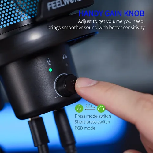 Vista 3 de FEELWORLD VM1 Micrófono USB para PC de juegos Micrófono condensador con cancelación de ruido Silencio Luz RGB, accesorios de computadora Regalos