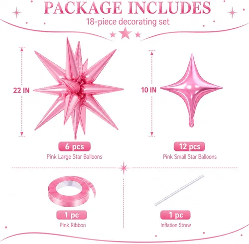 Vista 2 de 18 globos de estrella rosa, globo rosa bebé con 6 globos de estrella en explosión de 22 pulgadas, 12 globos de aluminio de cuatro estrellas