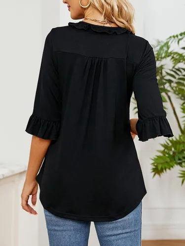 Vista 2 de Poetsky Blusa de manga 34 para mujer, estilo casual, cuello en V, holgada, con volantes