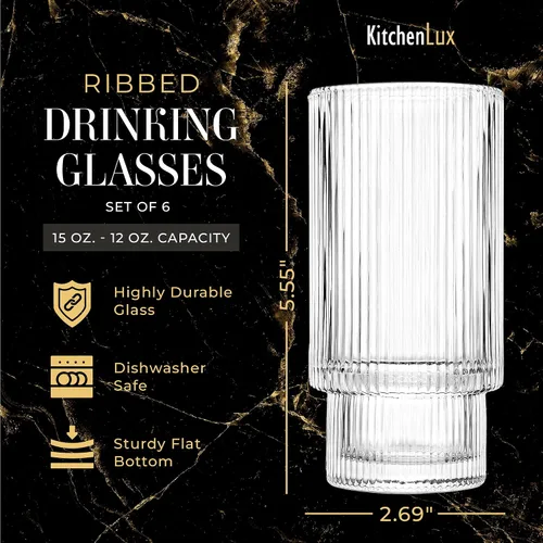 Vista 2 de Kitchen Lux Vasos de vidrio acanalados de 12 onzas – Juego de 6 vasos acanalados – Juego de 6 vasos estéticos con textura vintage retro ondulados