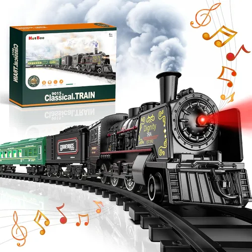 Vista 9 de Hot Bee Juego de Tren, Juguetes de Tren con Control Remoto y Pista de Lujo y Vagoneta Iluminada, Tren de Navidad de Metal para Árbol de Navidad