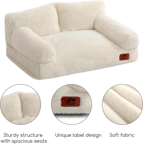 Vista 6 de Hollypet Cama de Felpa Esponjosa para Perros y Gatos, Sofá Cama Suave y Calmante para Gatos y Perros Pequeños y Medianos, Beige