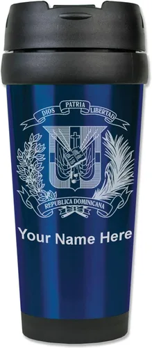 Vista 9 de LaserGram Taza de viaje de café de 16 onzas, escudo de armas República Dominicana, grabado personalizado incluido (negro)