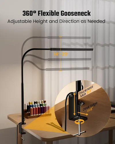 Vista 7 de SUPERDANNY Lámpara de escritorio LED para cuidar la vista con cuello de cisne flexible de 360° con abrazadera lateral de escritorio, control táctil