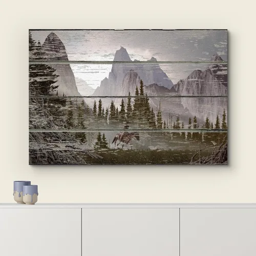 Vista 3 de wall26 - Paisaje rústico de montaña sobre un fondo de madera - Arte en lienzo para el hogar - 12 x 18 pulgadas