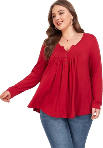 Vista 5 de Camiseta básica para mujer, talla grande, cuello Henley, con botones, ajuste holgado, estilo casual