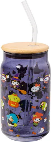 Vista 11 de Silver Buffalo Sanrio - Vaso de vidrio con tapa de bambú y sorbete de vidrio de fotos de Badtz-Maru, 16 onzas
