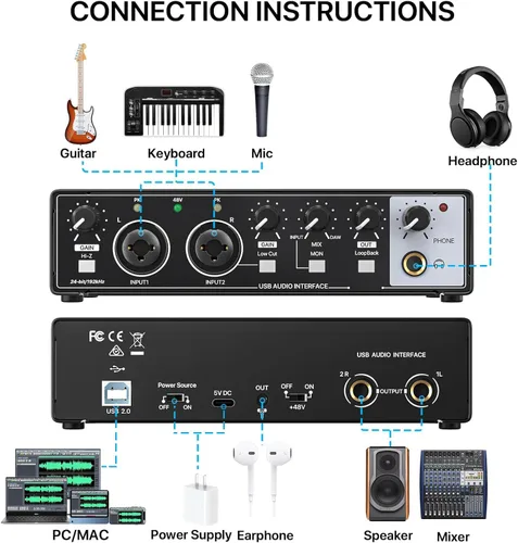 Vista 2 de Interfaz de audio EBXYA 2x2 - Tarjeta de sonido de grabación USB de 24 bits/192 kHz