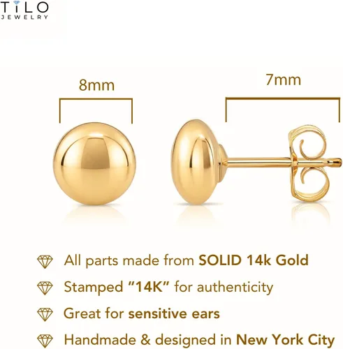 Vista 4 de Aretes de bola plana de oro amarillo de 14 quilates - Pulido hacia atrás