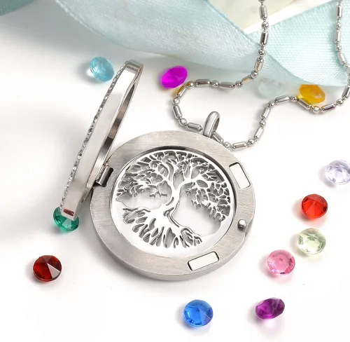 Vista 5 de AZNECK Collar con medallón flotante del árbol de la vida para mujer con piedras natales con colgante de recuerdo de vida, joyería de acero
