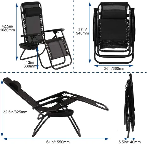Vista 2 de Dkeli Zero Gravity - Juego de 2 sillas plegables y ajustables para patio con portavasos para exteriores, reclinables, para campamento, junto a