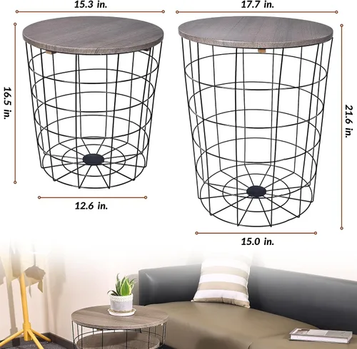 Vista 3 de Elevon Mesa auxiliar de mesa anidable, base de cesta de alambre con tapas de madera, juego de 2, gris