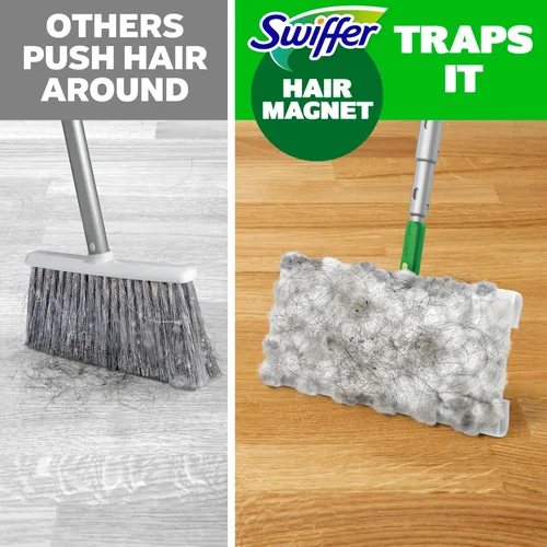 Vista 8 de Swiffer Kit de iniciación de lujo para el cabello con poste plegable, 9 paños secos con imán para el cabello, 2 paños húmedos adicionales para mopa