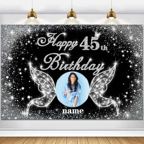 Vista 11 de Cartel personalizado de decoración de fiesta de cumpleaños número 100 - tema de alas de ángel - negro y plateado HY-NLK-100º