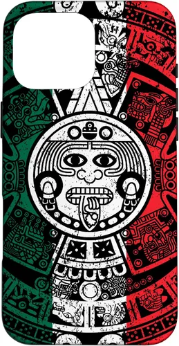 Vista 19 de Funda para iPhone 17 con calendario maya azteca con diseño de piedra solar envejecida de la bandera de México