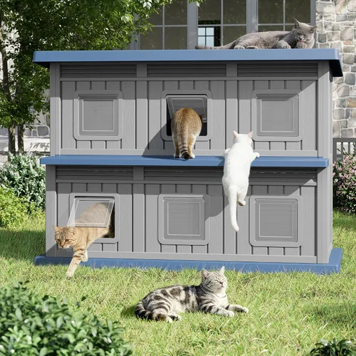 Vista 12 de Casa de gato resistente a la intemperie para exteriores, casa para gatos al aire libre para múltiples gatos, refugio de resina de doble piso