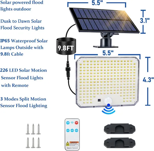 Vista 14 de Luces solares para exteriores, 226 luces LED con sensor de movimiento, iluminación solar del atardecer al amanecer con 3 modos, control remoto