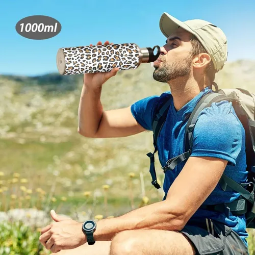 Vista 7 de Botella de agua de acero inoxidable aislada con estampado de leopardo, con popote, 20 onzas, a prueba de fugas, botella de agua deportiva sin BPA