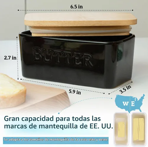 Vista 5 de PriorityChef Plato de Mantequilla Extra Grande con Tapa para Encimera, Envase de Mantequilla de Cerámica con Cubierta Hermética, Soporte de Negro