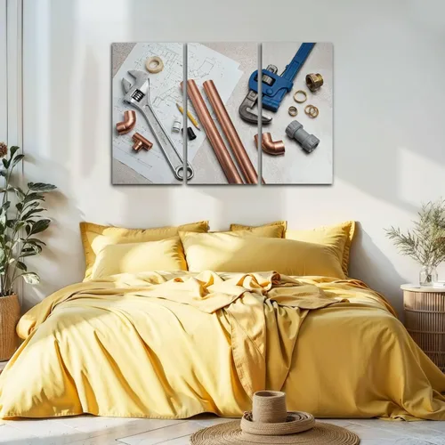 Vista 2 de Selección de herramientas de fontanería y materiales de fontanería, impresión en lienzo, obra de arte de pared, fotografía moderna, decoración