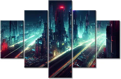 Vista 137 de Cuadros de 5 paneles de Cyberpunk City, arte de pared, representación de vallas publicitarias, edificios modernos en la capital con obras de arte