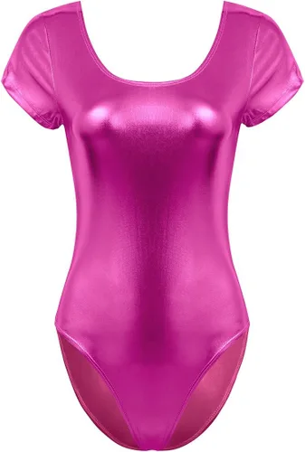 Vista 10 de FEESHOW Maillot de gimnasia de manga larga brillante metálico para mujer Negro