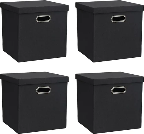 Vista 8 de Contenedores de almacenamiento con tapas, cajas plegables de tela de lino, contenedores organizadores con tapa, cesta de almacenamiento plegable