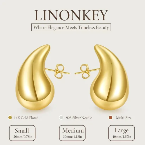 Vista 6 de LINONKEY Juego de 3 pares de aretes de oro con forma de lágrima para mujer, grandes, medianos, pequeños, gruesos, hipoalergénicos, chapados en oro