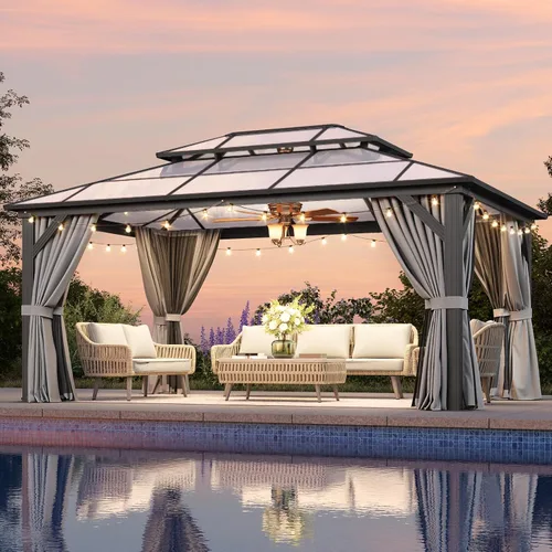 Vista 18 de Aoxun 10'x10' Outdoor Gazebo with Polycarbonate Roof Khaki Single Roof Caqui