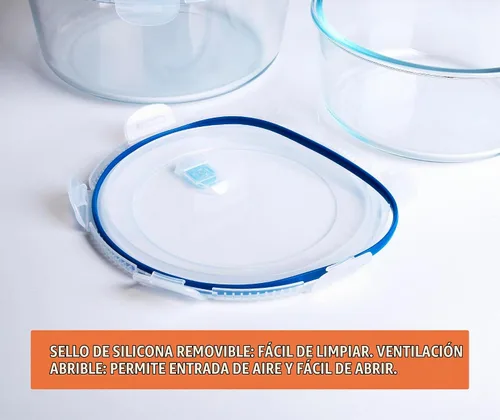 Vista 3 de Recipientes de vidrio de borosilicato templado grandes para almacenamiento de alimentos con tapas libres de BPA, [paquete de 2] Recipientes