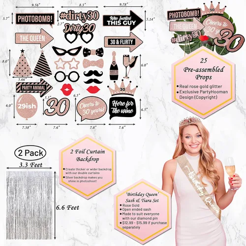 Vista 5 de PartyHooman Decoraciones de cumpleaños número 30 para mujer con banda de cumpleaños número 30 y tiara de diamantes de imitación Globos