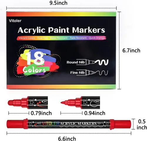 Vista 7 de Vitoler Marcadores de pintura acrílica, 18 bolígrafos de pintura, juegos de marcadores acrílicos con punta de pincel y punta de punto para rocas