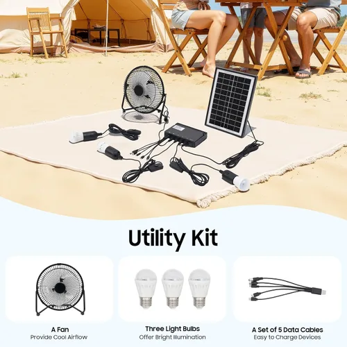 Vista 4 de Kit de ventilador solar y luz con 3 bombillas, carga USB, portátil, camping al aire libre