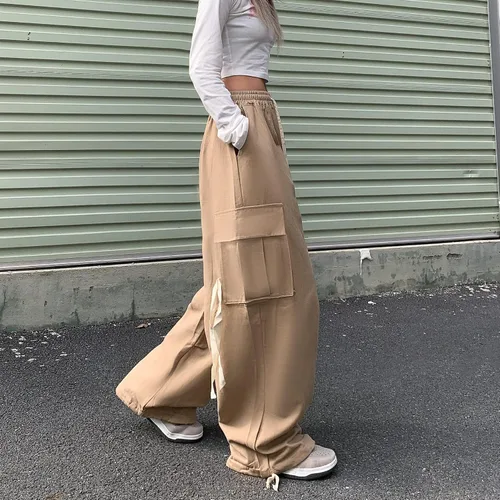 Vista 8 de Pantalones de mujer Y2k Cargo Gothic Baggy Pantalones de cintura alta Harajuku Streetwear Pantalones de paracaídas para hombre