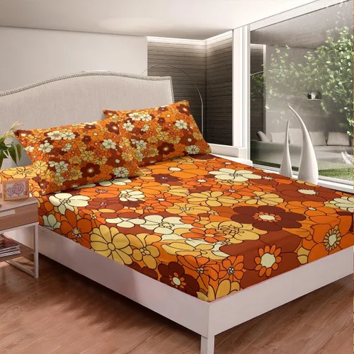 Vista 2 de Juego de ropa de cama con diseño floral bohemio, tamaño individual, diseño retro de flores groovy, 60S y 70S, diseño de flores hippie para niños