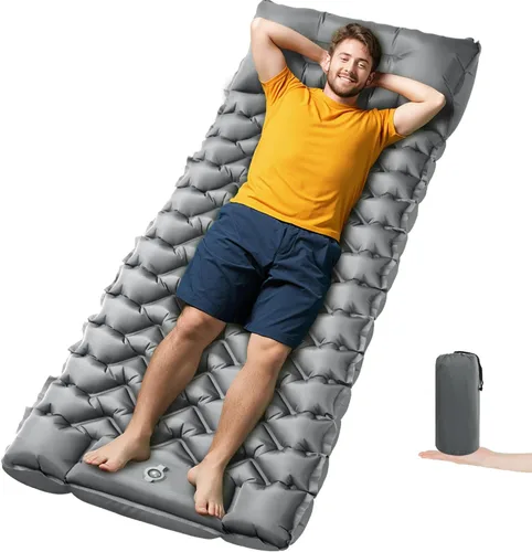 Vista 20 de Colchoneta para dormir, almohadilla de dormir compacta para acampar con almohada bomba de pie integrada, colchoneta inflable para viajes