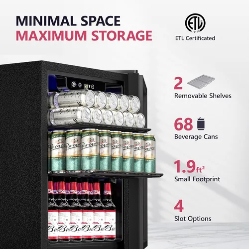Vista 2 de Icyglee Refrigerador de bebidas, mini refrigerador para 16 botellas y 68 latas con puerta de vidrio, refrigerador independiente de bebidas para vino