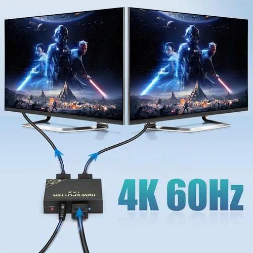 Vista 2 de Divisor HDMI 4K 1 en 2 salidas 60Hz - HDCP 2.2/2.3 Bypass, HDR, Dolby Atmos/DTS5.1/7.1 - Compatible con PS5/PS4/PS3, Apple TV, Xbox, caja de cable