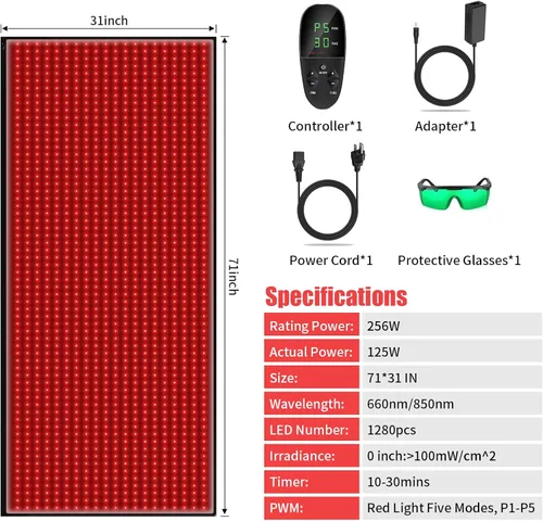 Vista 7 de Alfombrilla de terapia de luz roja para aliviar el dolor corporal, manta de terapia de luz roja 1280 LED rojo cercano infrarrojo 660 nm 850 nm