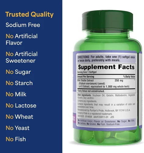 Vista 6 de Puritans Pride suplemento de cardo de leche, extracto 4:1, 180 cápsulas blandas de 1,000 mg (silimarina)