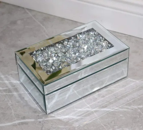 Vista 4 de QMDECOR Caja de joyería de lujo con espejo de cristal de diamante triturado de plata para mujeres