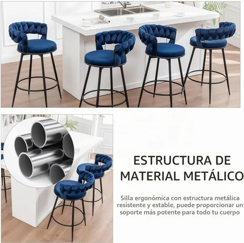 Vista 6 de Juego de 2 taburetes de bar giratorios modernos con respaldo tejido, taburetes de bar de terciopelo para isla de cocina, cafetería, pub, azul