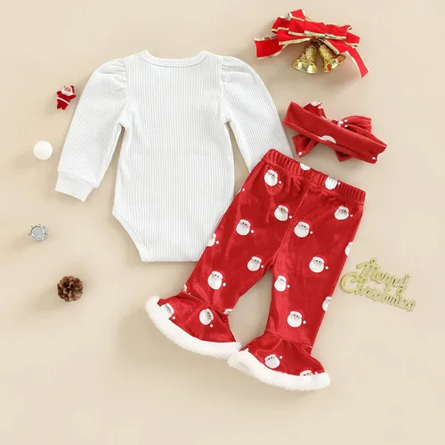 Vista 7 de Gueuusu Conjunto de 2 piezas de ropa de Navidad para bebé niña, sudadera con diseño de flores y Papá Noel, 2 piezas