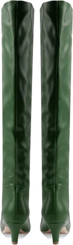 Vista 2 de MOOMMO Botas altas de tacón de gatito sobre la rodilla para mujer, punta cuadrada, de cuero mate, de meter de pantorrilla ancha, plisadas, tacón