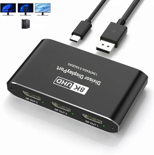 Vista 9 de Divisor DisplayPort 1 en 3 salidas, divisor de puerto de pantalla para monitores triples, compatible con DSC de 8K a 60Hz y modo extendido/espejo 4K