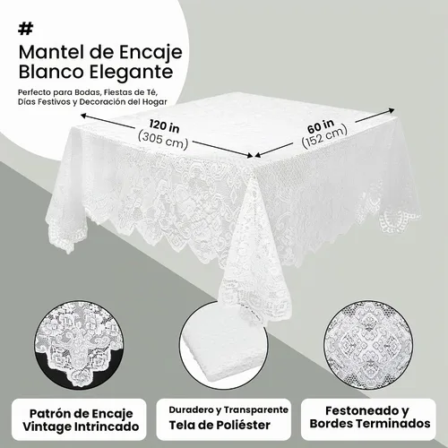 Vista 3 de Juvale Mantel de encaje blanco para mesas rectangulares de 60 x 120 pulgadas, elegante diseño floral vintage con bordes festoneados, poliéster