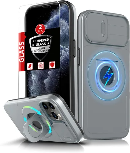 Vista 19 de Funda magnética para iPhone 11 Pro compatible con carga inalámbrica MagSafe, con 2 protectores de pantalla, anillo kickstand de 360° integrado +